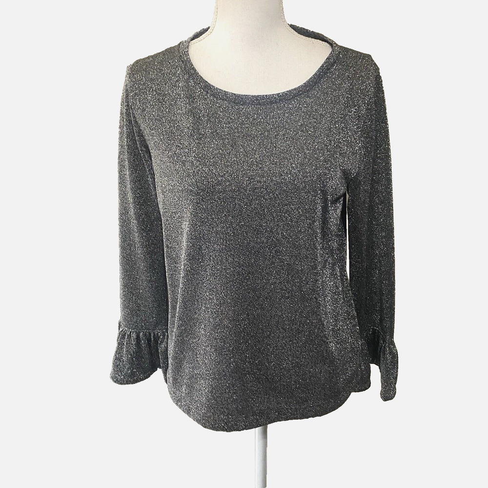 J Crew‎ Sparkle Metallic Blouse Womens Sz M Silver Ruffle Sleeves Party NWT